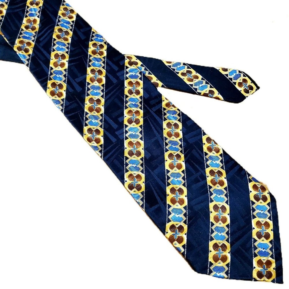 Andhurst Mens Silk Tie Navy Blue Gold Geometric Stripe Made in Italy Necktie
